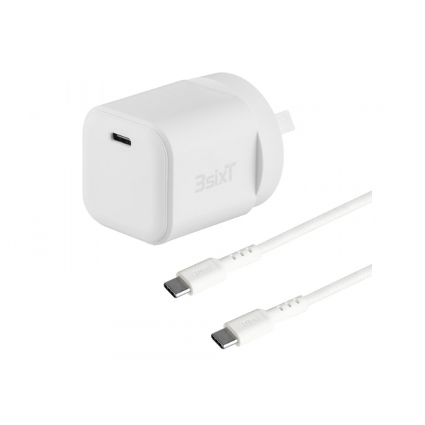 3sixT Wall Charger GaN 20W USB-C + USB-C to C Whit